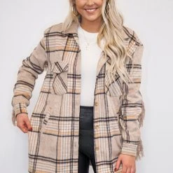 Purple Door Boutique New Arrivals Fringe Life Khaki Plaid Shacket