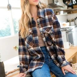 Purple Door Boutique Ladies' Navy And Brown Plaid Shacket