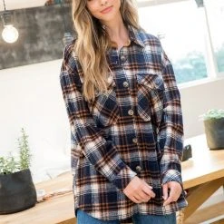 Purple Door Boutique Ladies' Navy And Brown Plaid Shacket