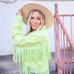 The Purple Door Boutique Fringe Wishes Lime Denim Jacket New Arrivals