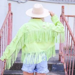The Purple Door Boutique Fringe Wishes Lime Denim Jacket New Arrivals