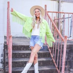 The Purple Door Boutique Fringe Wishes Lime Denim Jacket New Arrivals