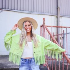 The Purple Door Boutique Fringe Wishes Lime Denim Jacket New Arrivals