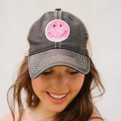 Judith March Headwear Retro Pink Smiley Patch Hat