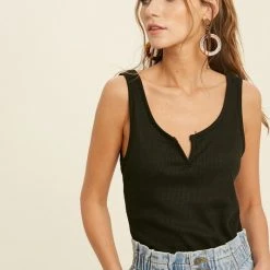 Purple Door Boutique Notch Waffle Black Tank Top Ladies'