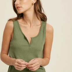 Purple Door Boutique Ladies' Notch Waffle Sage Green Tank Top