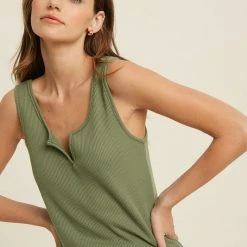 Purple Door Boutique Ladies' Notch Waffle Sage Green Tank Top