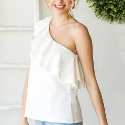 Purple Door Boutique Ruffled Shoulder Off White Top