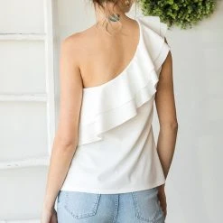 Purple Door Boutique Ruffled Shoulder Off White Top