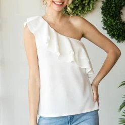 Purple Door Boutique Ruffled Shoulder Off White Top