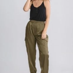 Purple Door Boutique Olive Satin Feel Jogger Pants