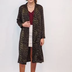 Purple Door Boutique Olive Leopard Print Satin Duster