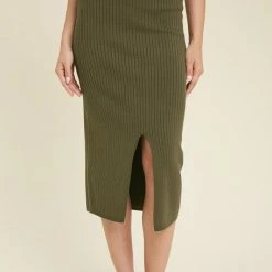 Purple Door Boutique Ladies' Olive Ribbed Knit Midi Skirt