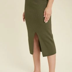 Purple Door Boutique Ladies' Olive Ribbed Knit Midi Skirt