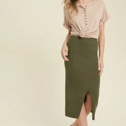Purple Door Boutique Ladies' Olive Ribbed Knit Midi Skirt