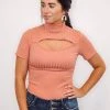 The Purple Door Boutique Wish Away Dusty Peach Ribbed Cut Out Top