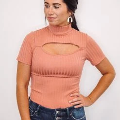 The Purple Door Boutique Wish Away Dusty Peach Ribbed Cut Out Top