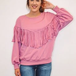 Purple Door Boutique Mauve Fringe Terry Knit Pullover