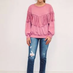 Purple Door Boutique Mauve Fringe Terry Knit Pullover