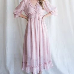 Purple Door Boutique Pink Leopard Ruffled Midi Dress