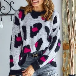 The Purple Door Boutique Ladies' Hot Pink Leopard Print Sweater