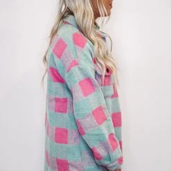 Purple Door Boutique New Arrivals Mint And Pink Plaid Shacket