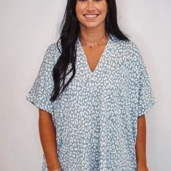 Purple Door Boutique Ladies' Leopard Print Powder Blue Top