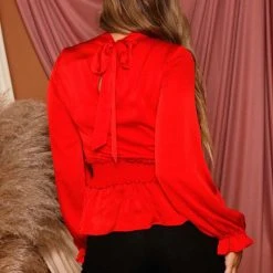 Purple Door Boutique Ladies' Red Hot Satin Peplum Top