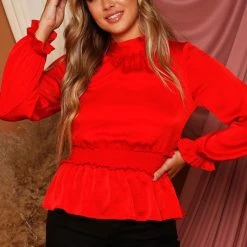 Purple Door Boutique Ladies' Red Hot Satin Peplum Top