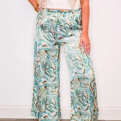 Purple Door Boutique Aqua Satin Paisley Print Pants New Arrivals