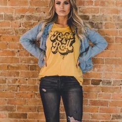 Purple Door Boutique Rock And Roll Distressed Mustard Tee