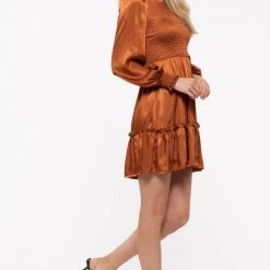 Purple Door Boutique Rust Sunset Smocked Satin Dress
