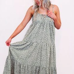 Purple Door Boutique Boho Life Olive Floral Tiered Midi Dress