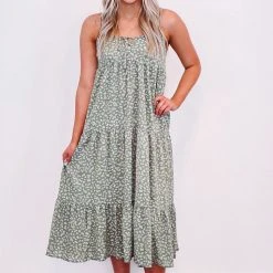 Purple Door Boutique Boho Life Olive Floral Tiered Midi Dress