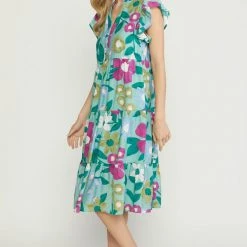Purple Door Boutique Spring Floral Sage Midi Dress Ladies'