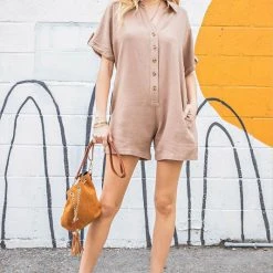 Purple Door Boutique Button Down Romper In Sand Ladies'