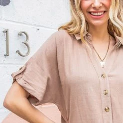 Purple Door Boutique Button Down Romper In Sand Ladies'