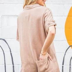 Purple Door Boutique Button Down Romper In Sand Ladies'