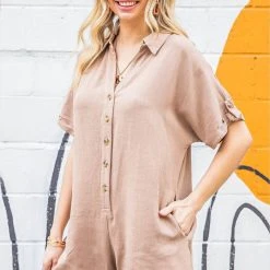 Purple Door Boutique Button Down Romper In Sand Ladies'