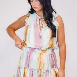 Adrienne Ombre Satin Tiered Ruffle Mint Dress Summer SALE