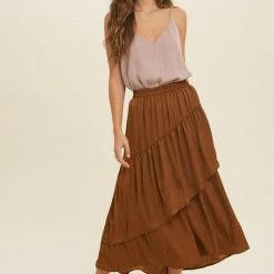 Purple Door Boutique Ladies' Caramel Satin Tiered Midi Skirt
