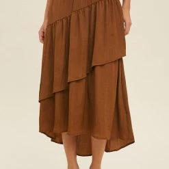 Purple Door Boutique Ladies' Caramel Satin Tiered Midi Skirt