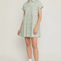 Purple Door Boutique Beachside Tiered Seafoam Denim Dress Ladies'