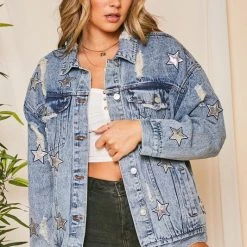 Purple Door Boutique Sequin Star Blue Jean Distressed Denim Jacket