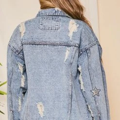Purple Door Boutique Sequin Star Blue Jean Distressed Denim Jacket