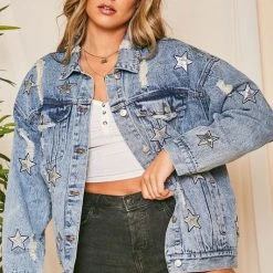 Purple Door Boutique Sequin Star Blue Jean Distressed Denim Jacket