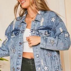 Purple Door Boutique Sequin Star Blue Jean Distressed Denim Jacket