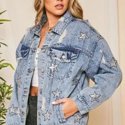 Purple Door Boutique Sequin Star Blue Jean Distressed Denim Jacket