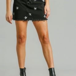 Purple Door Boutique Star Stamped Black Denim Skirt