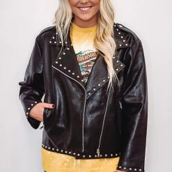 Purple Door Boutique Studded Black Leather Moto Jacket New Arrivals
